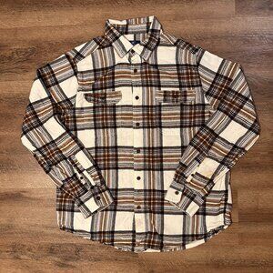 George Casual Button Down Mens Large Beige Plaid Rugged Flannel Shirt